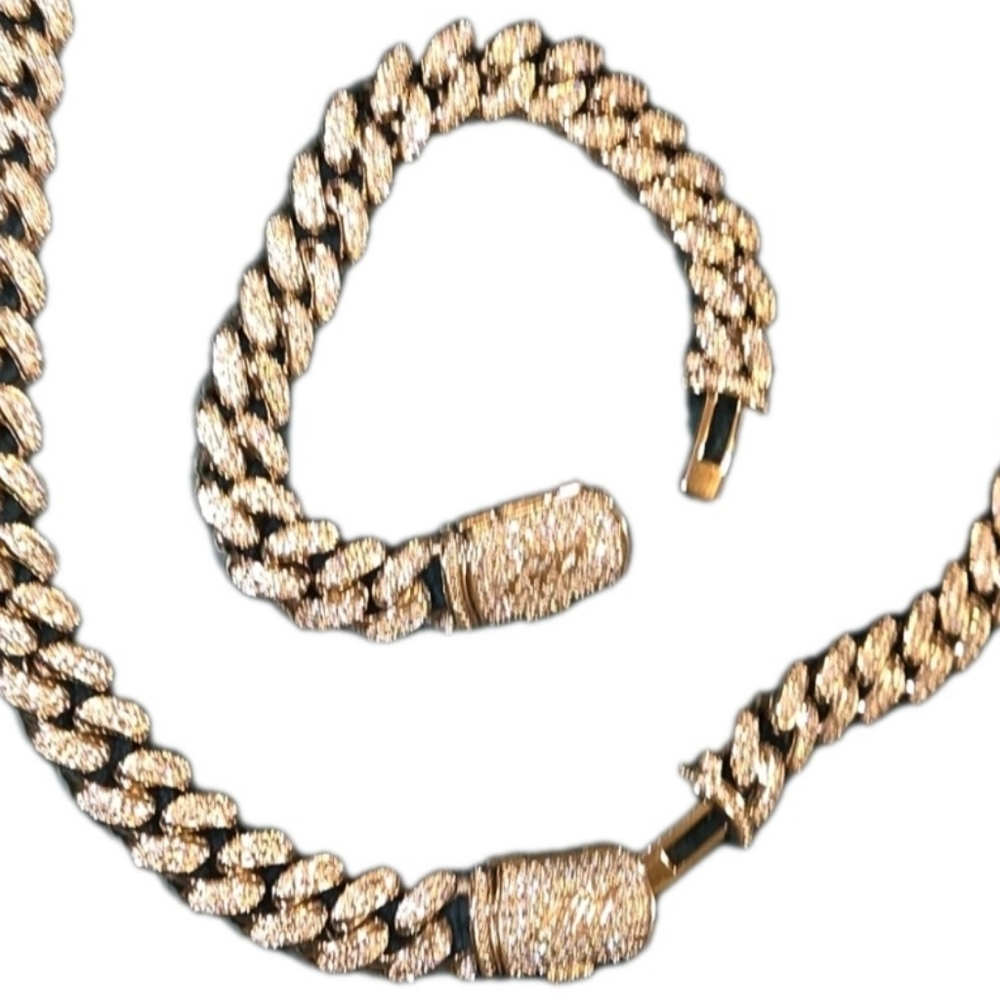 Diamond Cuban Chain + Bracelet Set/ Bundle 12mm (Both Pieces Included) GLD (NIB) - Picture 5 of 11